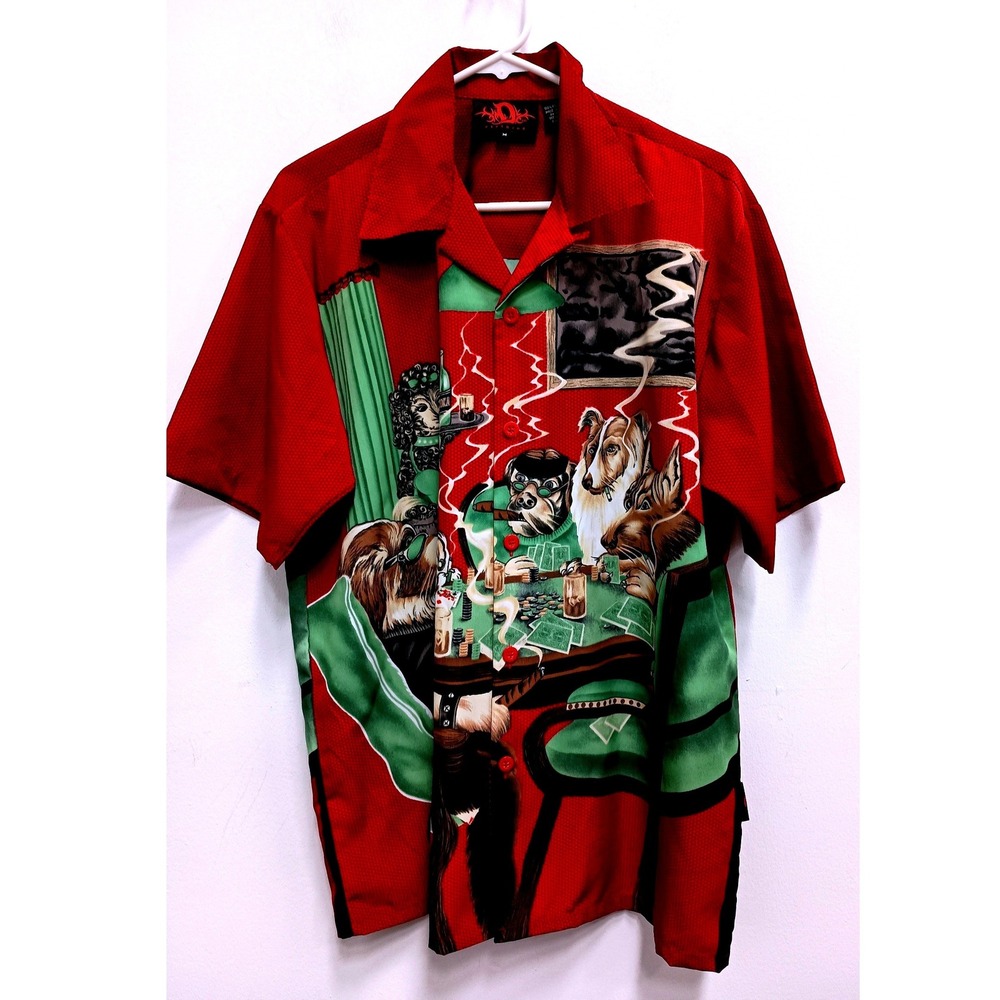 Vintage Y2K Dragonfly Dogs Playing Poker Shirt Mens M Red Button Up Streetwear